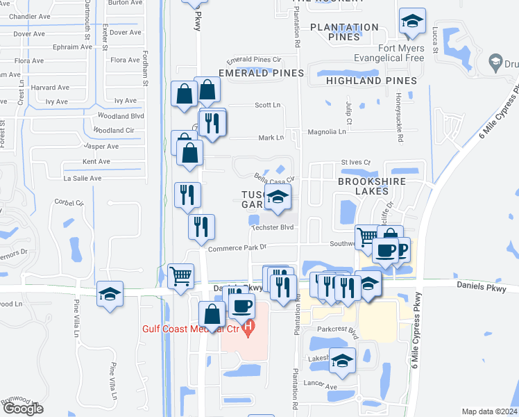 map of restaurants, bars, coffee shops, grocery stores, and more near 6360 Aragon Way in Fort Myers