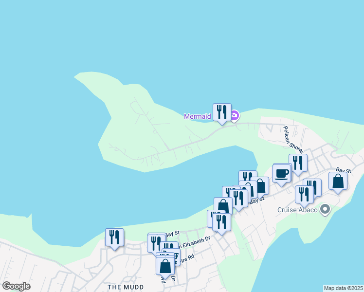 map of restaurants, bars, coffee shops, grocery stores, and more near Pelican Shores Road in Marsh Harbour