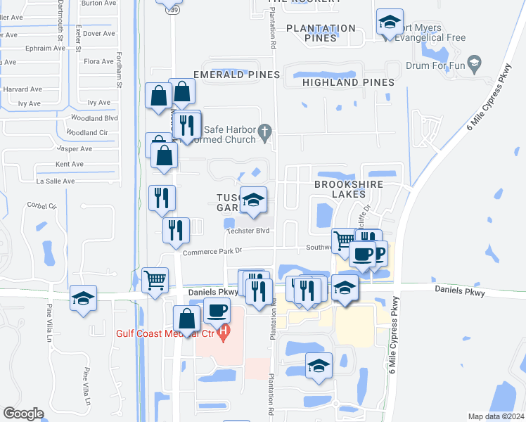 map of restaurants, bars, coffee shops, grocery stores, and more near 6490 Aragon Way in Fort Myers