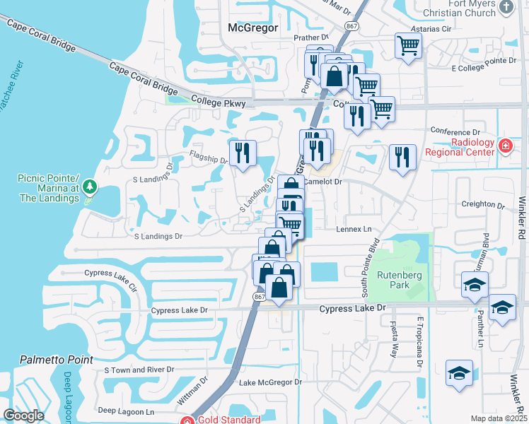 map of restaurants, bars, coffee shops, grocery stores, and more near 4414 South Landings Drive in Fort Myers