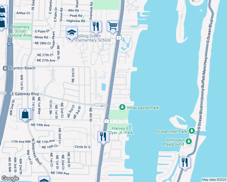 map of restaurants, bars, coffee shops, grocery stores, and more near 2460 South Federal Highway in Boynton Beach
