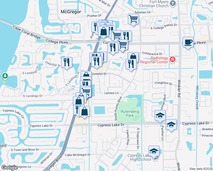 map of restaurants, bars, coffee shops, grocery stores, and more near 13132 Burningtree Avenue in Fort Myers