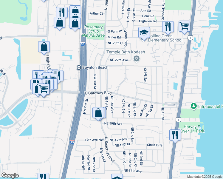 map of restaurants, bars, coffee shops, grocery stores, and more near 2300 Northeast 1st Lane in Boynton Beach