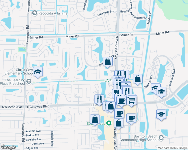 map of restaurants, bars, coffee shops, grocery stores, and more near 1600 Cetona Drive in Boynton Beach