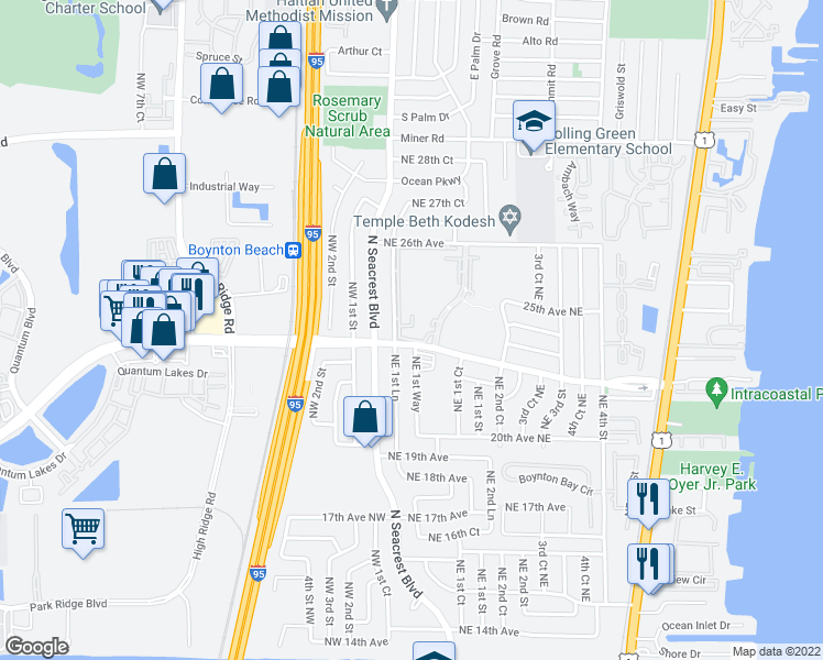 map of restaurants, bars, coffee shops, grocery stores, and more near 2400 Northeast 1st Lane in Boynton Beach