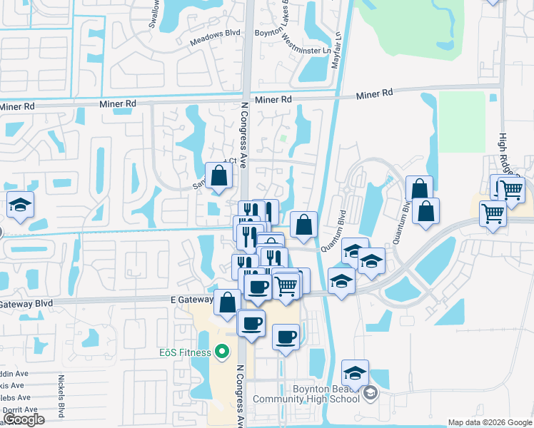 map of restaurants, bars, coffee shops, grocery stores, and more near 11 Vía De Casas Sur in Boynton Beach