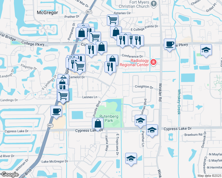map of restaurants, bars, coffee shops, grocery stores, and more near 6300 South Pointe Boulevard in Fort Myers