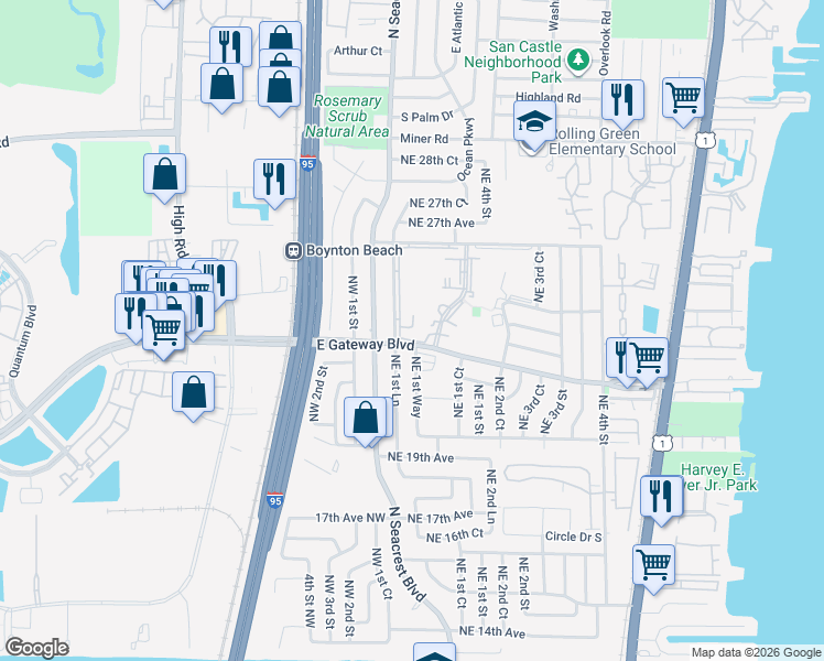 map of restaurants, bars, coffee shops, grocery stores, and more near 2400 Northeast 1st Lane in Boynton Beach