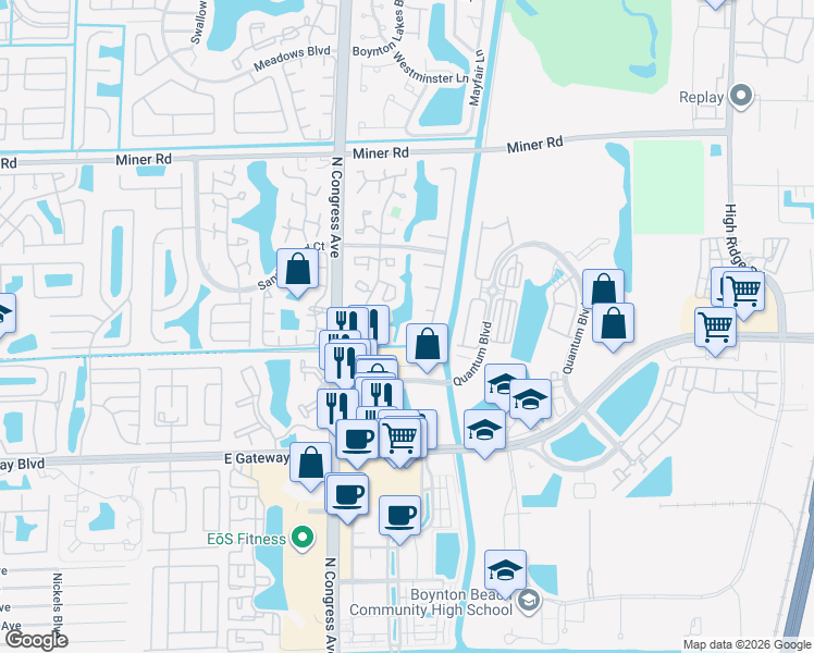 map of restaurants, bars, coffee shops, grocery stores, and more near 28 Vista Del Rio in Boynton Beach