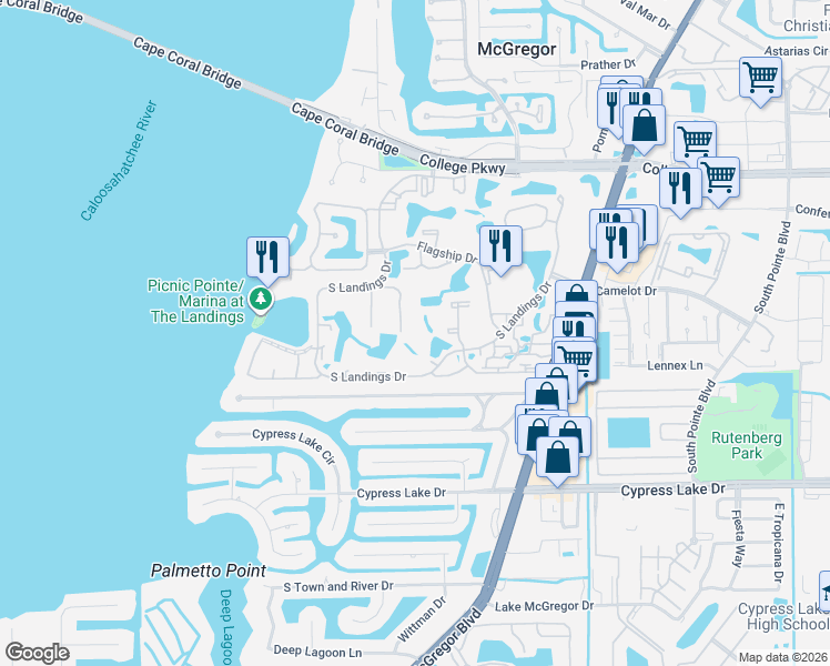map of restaurants, bars, coffee shops, grocery stores, and more near 4492 Windjammer Lane in Fort Myers