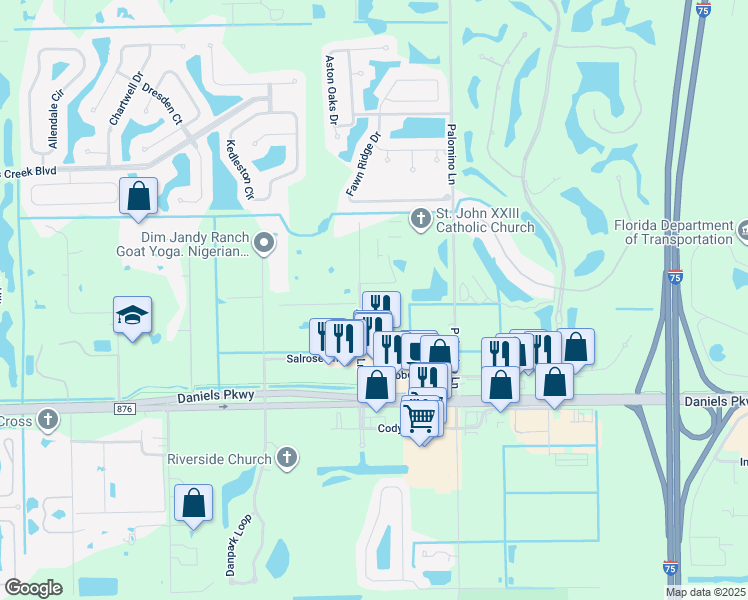 map of restaurants, bars, coffee shops, grocery stores, and more near 13251 Apaloosa Lane in Fort Myers