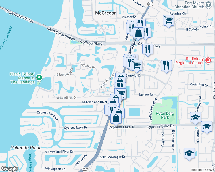 map of restaurants, bars, coffee shops, grocery stores, and more near 4417 Spanker Court in Fort Myers