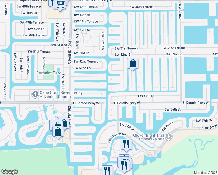 map of restaurants, bars, coffee shops, grocery stores, and more near 1237 Southwest 54th Street in Cape Coral