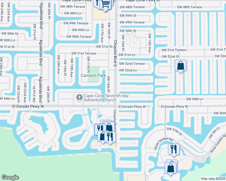 map of restaurants, bars, coffee shops, grocery stores, and more near 1534 Southwest 53rd Lane in Cape Coral
