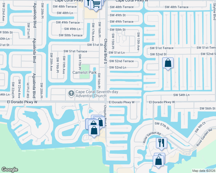 map of restaurants, bars, coffee shops, grocery stores, and more near 1534 Southwest 53rd Lane in Cape Coral