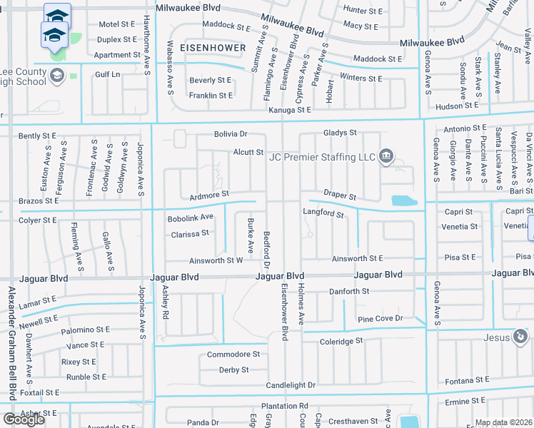 map of restaurants, bars, coffee shops, grocery stores, and more near 750 Bedford Drive in Lehigh Acres