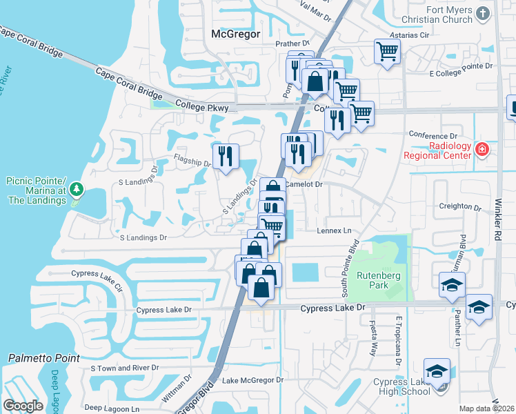 map of restaurants, bars, coffee shops, grocery stores, and more near 4414 South Landings Drive in Fort Myers