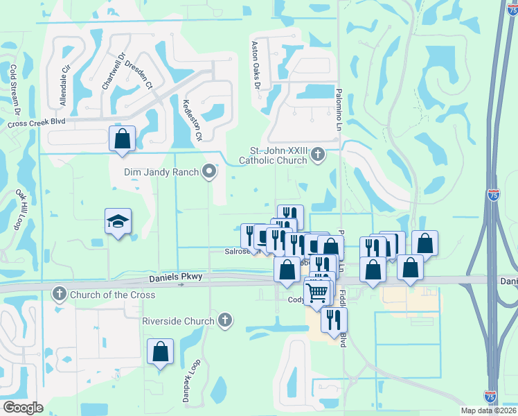 map of restaurants, bars, coffee shops, grocery stores, and more near 13250 Apaloosa Lane in Fort Myers