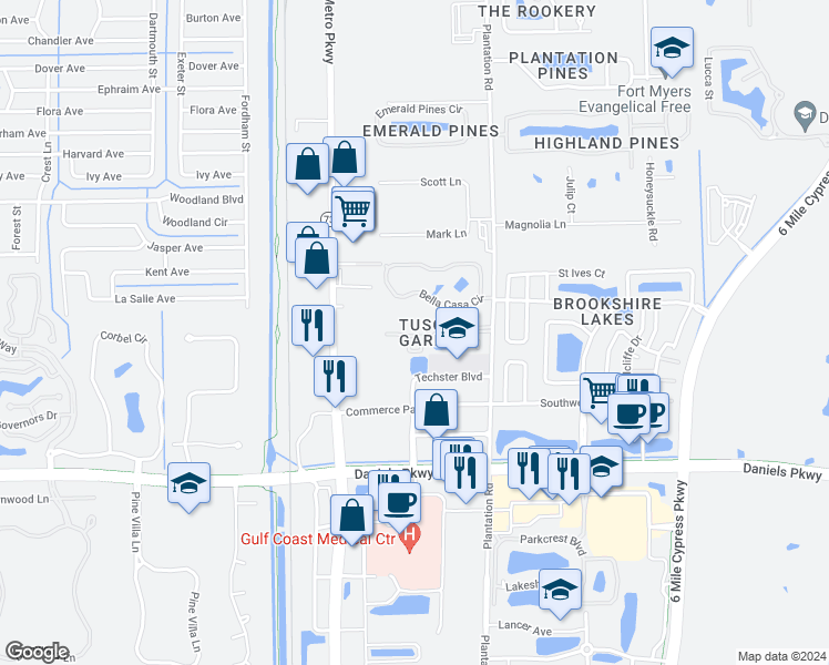 map of restaurants, bars, coffee shops, grocery stores, and more near 6361 Aragon Way in Fort Myers