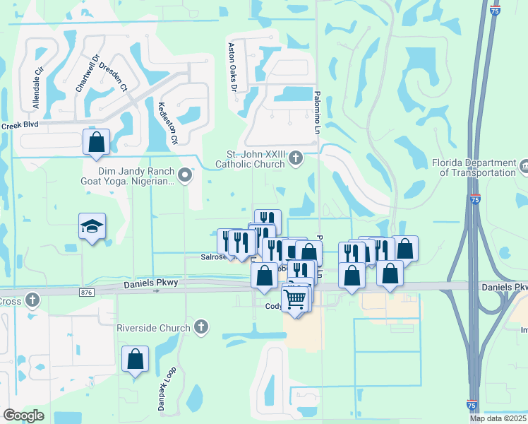 map of restaurants, bars, coffee shops, grocery stores, and more near 13179-13301 Apaloosa Lane in Fort Myers