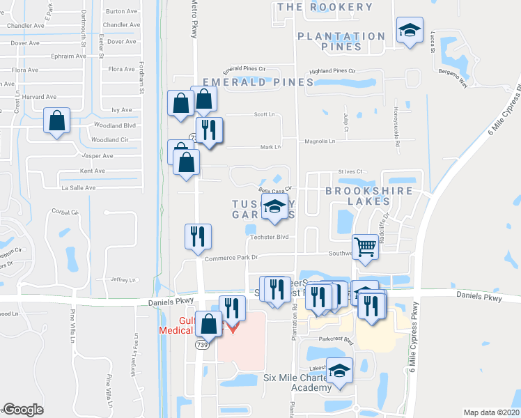 map of restaurants, bars, coffee shops, grocery stores, and more near 6470 Aragon Way in Fort Myers