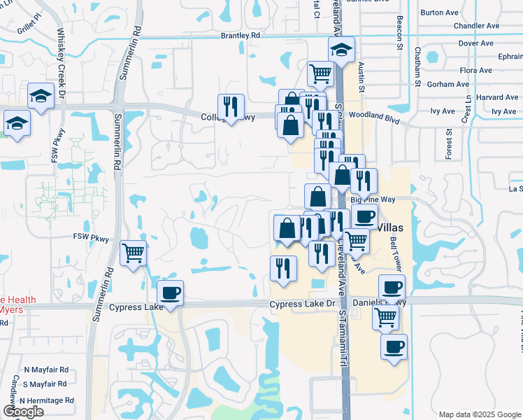 map of restaurants, bars, coffee shops, grocery stores, and more near 1828 Pine Valley Drive in Fort Myers