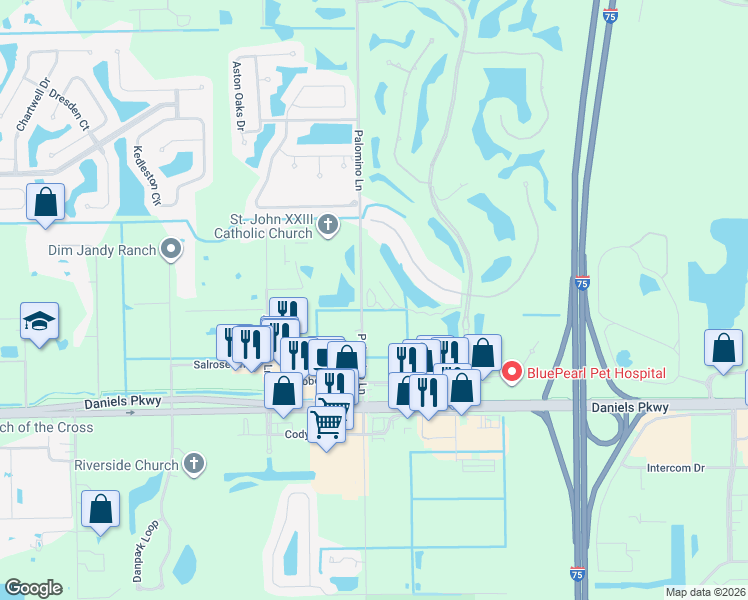 map of restaurants, bars, coffee shops, grocery stores, and more near 13191 Palomino Lane in Fort Myers