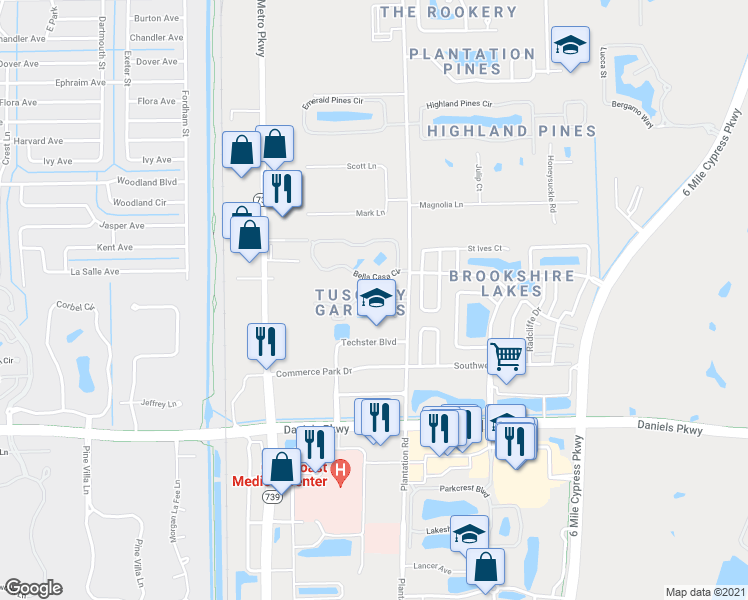 map of restaurants, bars, coffee shops, grocery stores, and more near 6450 Aragon Way in Fort Myers