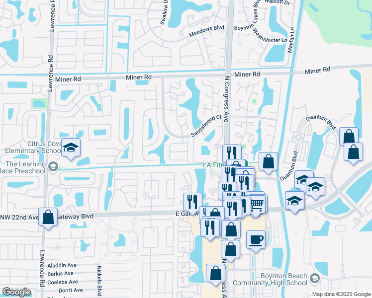 map of restaurants, bars, coffee shops, grocery stores, and more near 1600 Cetona Drive in Boynton Beach