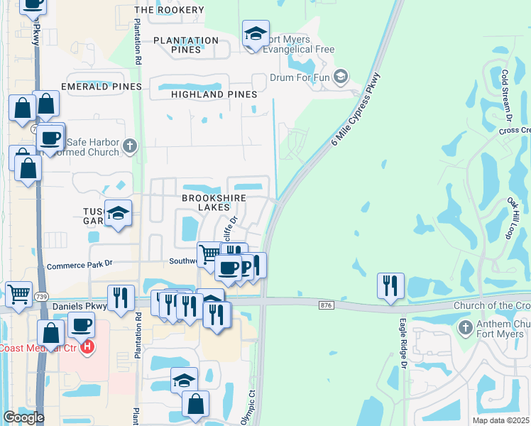 map of restaurants, bars, coffee shops, grocery stores, and more near 13141 Whitehaven Lane in Fort Myers