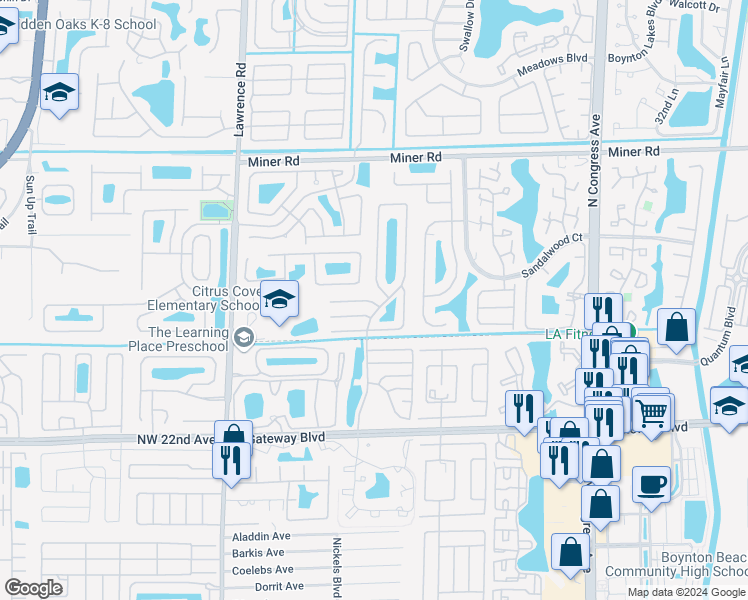 map of restaurants, bars, coffee shops, grocery stores, and more near 746 Sun Top Lane in Boynton Beach