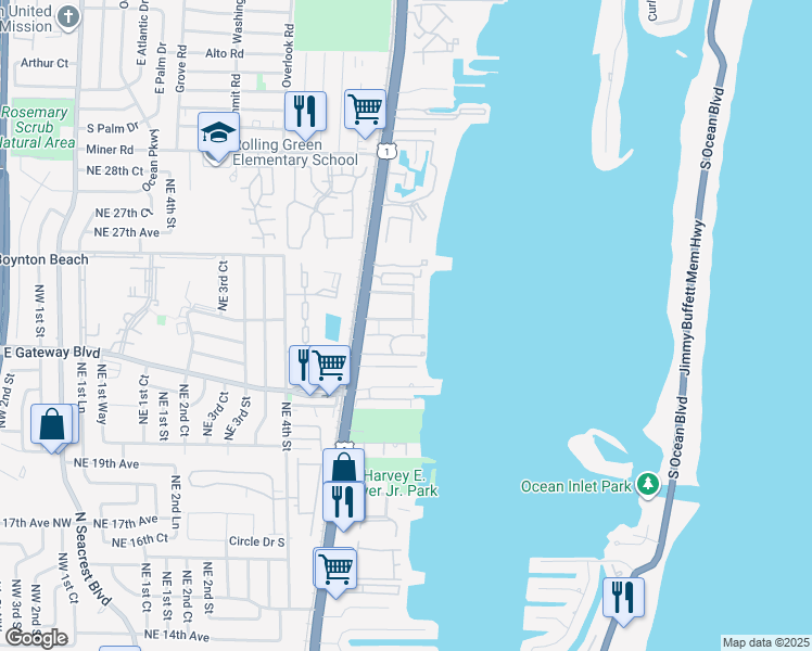 map of restaurants, bars, coffee shops, grocery stores, and more near 2510 Lake Drive in Boynton Beach