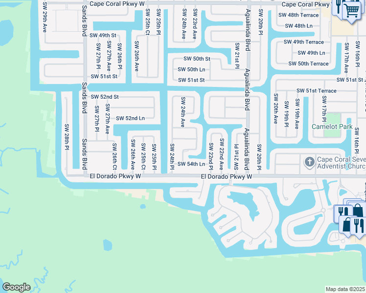map of restaurants, bars, coffee shops, grocery stores, and more near 2319 Southwest 54th Street in Cape Coral