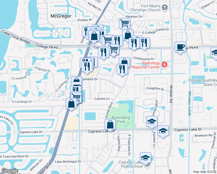 map of restaurants, bars, coffee shops, grocery stores, and more near 13134 Hampshire Court in Fort Myers
