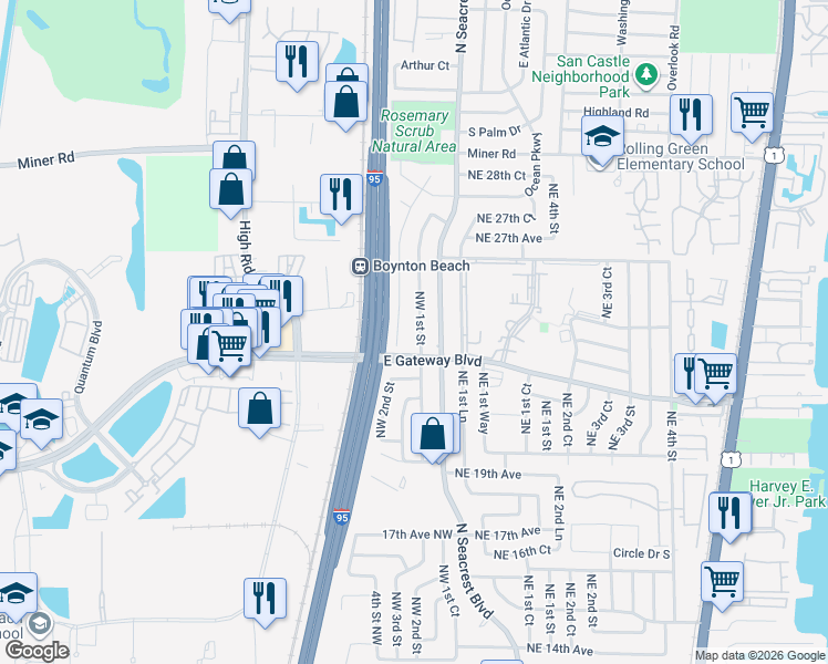 map of restaurants, bars, coffee shops, grocery stores, and more near 2281 Northwest 1st Street in Boynton Beach