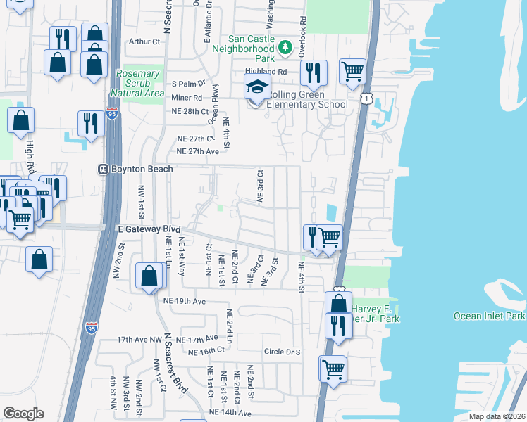 map of restaurants, bars, coffee shops, grocery stores, and more near 406 25th Avenue Northeast in Boynton Beach