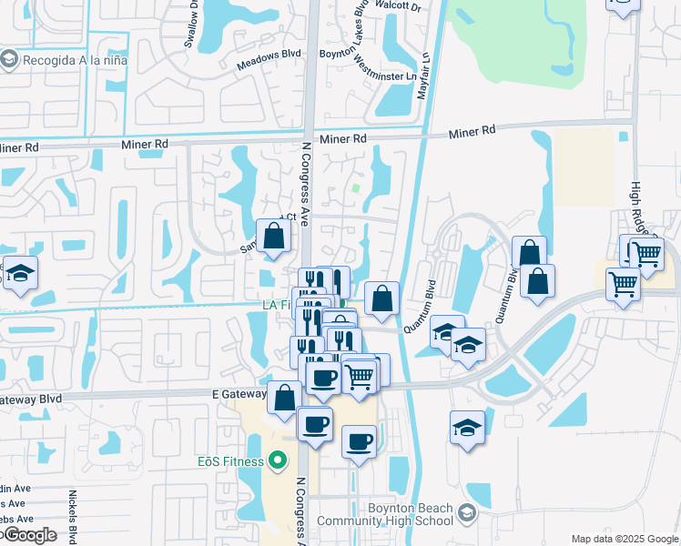 map of restaurants, bars, coffee shops, grocery stores, and more near 11 Vía De Casas Sur in Boynton Beach