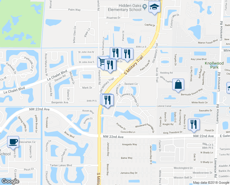 map of restaurants, bars, coffee shops, grocery stores, and more near 8481 Leeway Lane in Boynton Beach