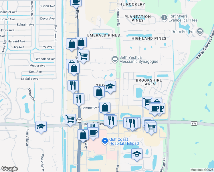 map of restaurants, bars, coffee shops, grocery stores, and more near 6400 Aragon Way in Fort Myers