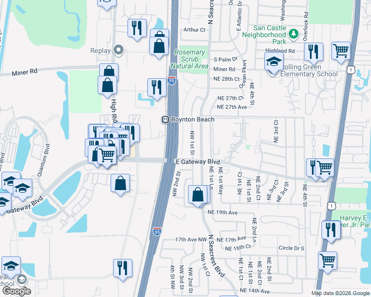 map of restaurants, bars, coffee shops, grocery stores, and more near 2281 Northwest 1st Street in Boynton Beach