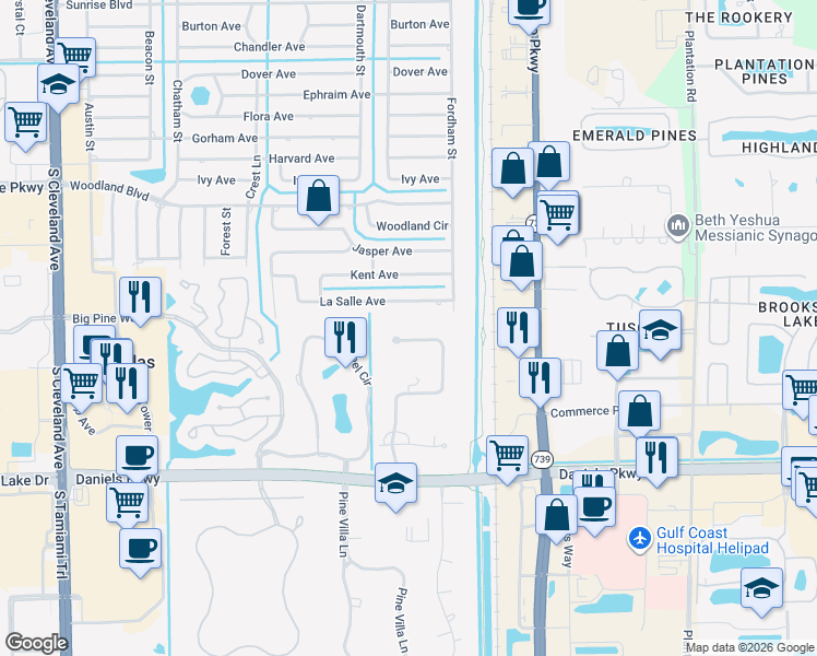map of restaurants, bars, coffee shops, grocery stores, and more near 13141 Ponderosa Way in Fort Myers
