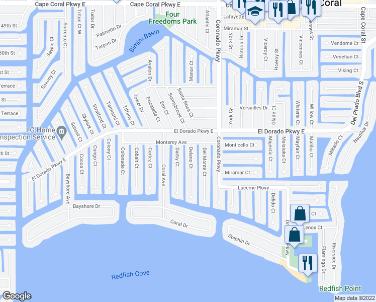 map of restaurants, bars, coffee shops, grocery stores, and more near 5310 Delano Court in Cape Coral