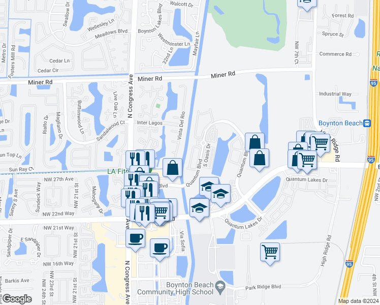 map of restaurants, bars, coffee shops, grocery stores, and more near 2762 South Evergreen Circle in Boynton Beach