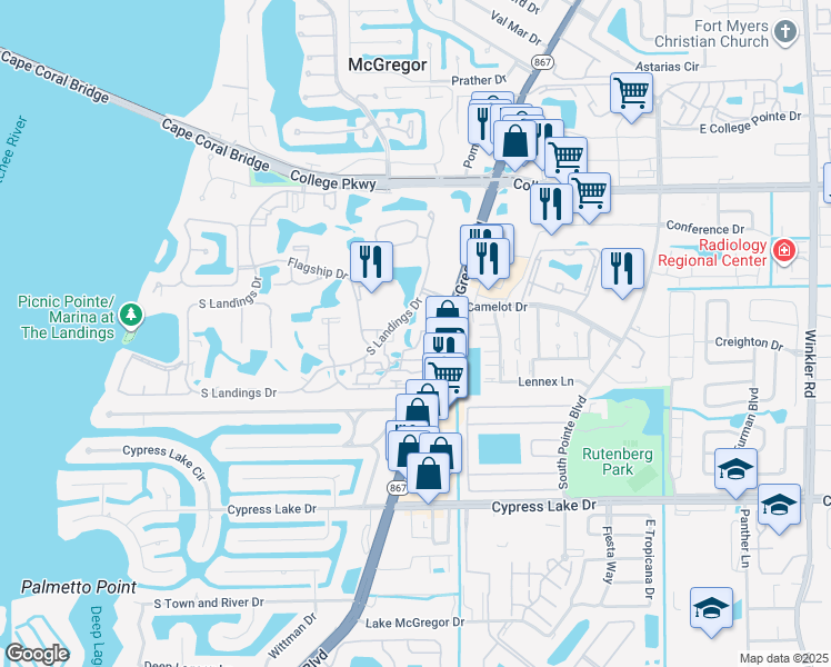 map of restaurants, bars, coffee shops, grocery stores, and more near 4414 South Landings Drive in Fort Myers