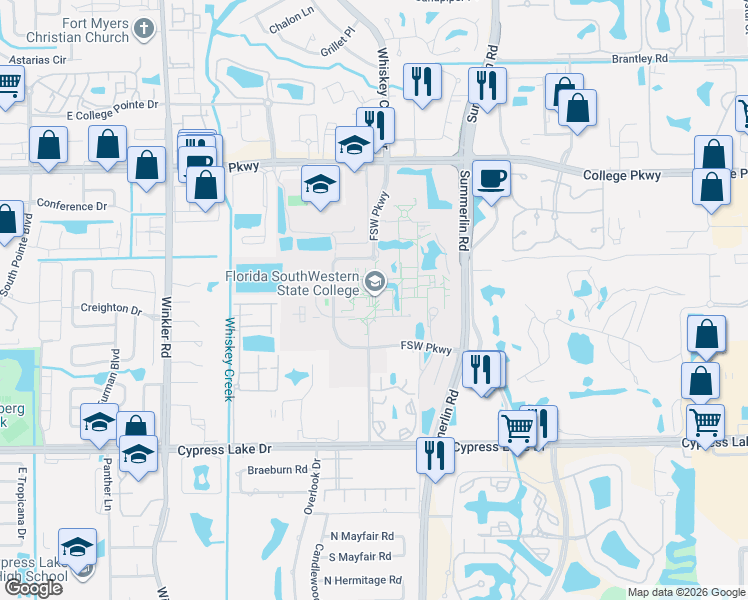 map of restaurants, bars, coffee shops, grocery stores, and more near 8099 College Parkway in Fort Myers