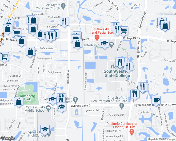 map of restaurants, bars, coffee shops, grocery stores, and more near 13140 Broadhurst Loop in Fort Myers