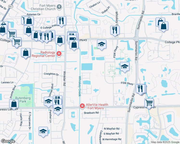 map of restaurants, bars, coffee shops, grocery stores, and more near 13141 Broadhurst Loop in Fort Myers