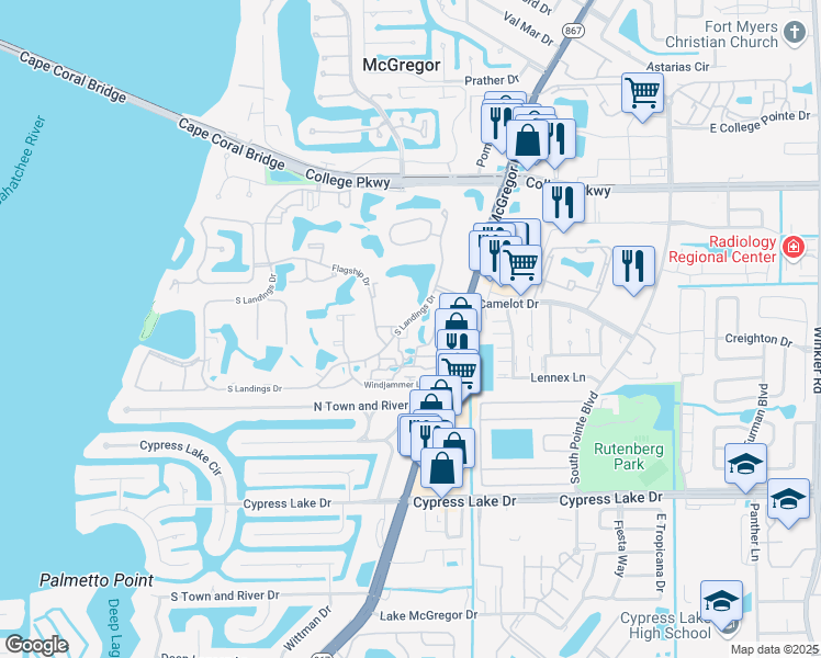 map of restaurants, bars, coffee shops, grocery stores, and more near 4414 South Landings Drive in Fort Myers
