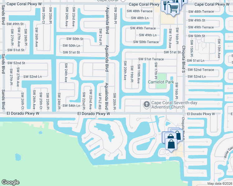 map of restaurants, bars, coffee shops, grocery stores, and more near 1933 Southwest 54th Street in Cape Coral