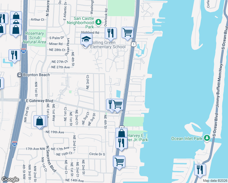 map of restaurants, bars, coffee shops, grocery stores, and more near 18 North Crossings Circle in Boynton Beach